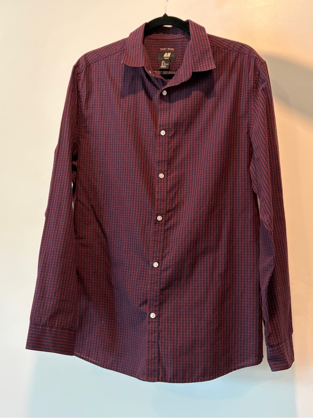 H&M Men's Burgundy and Navy Micro-Check Dress Shirt